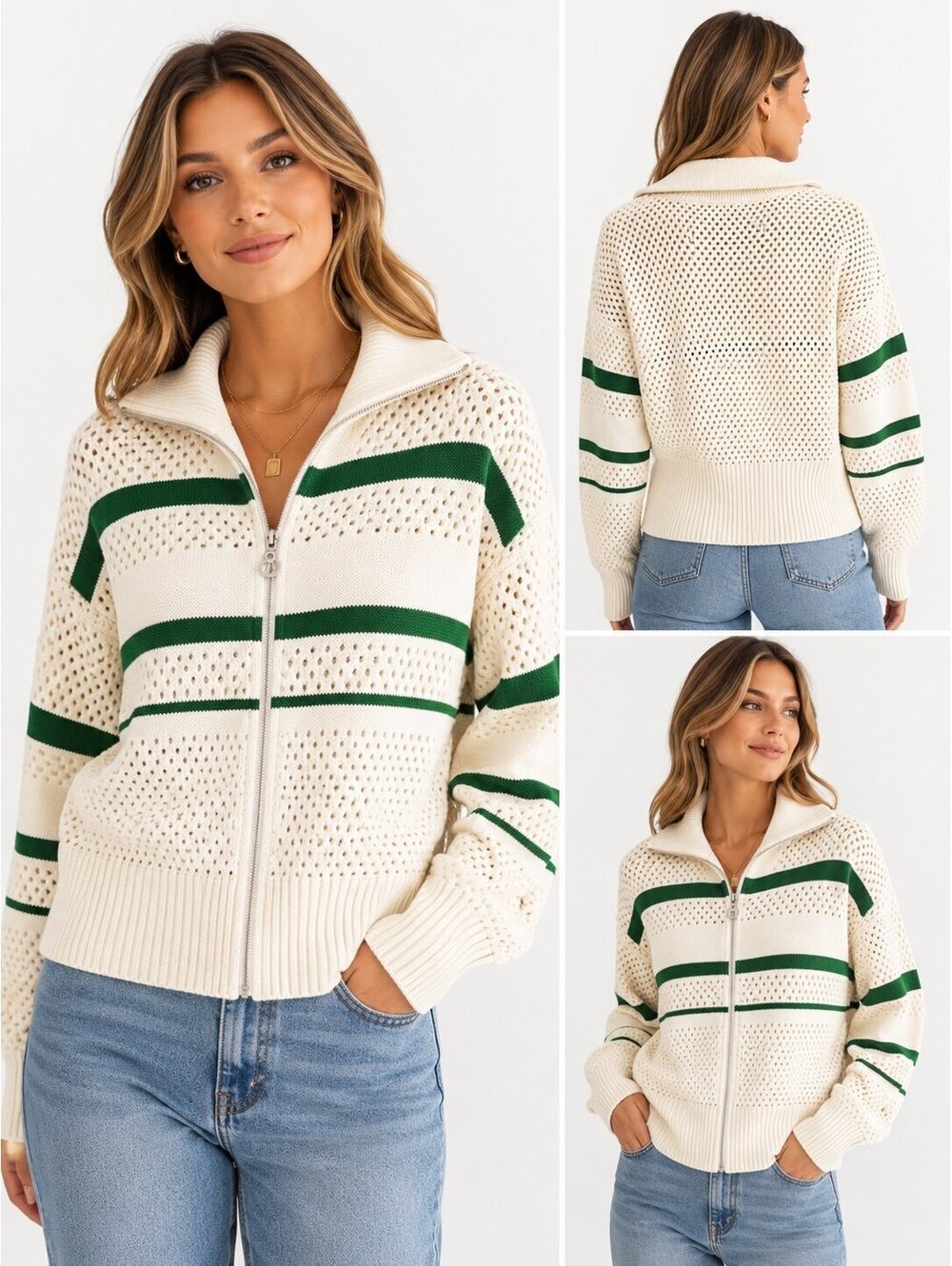 NWT Caroline Constas Green Stripe Open Knit Zip Cardigan Sweater M